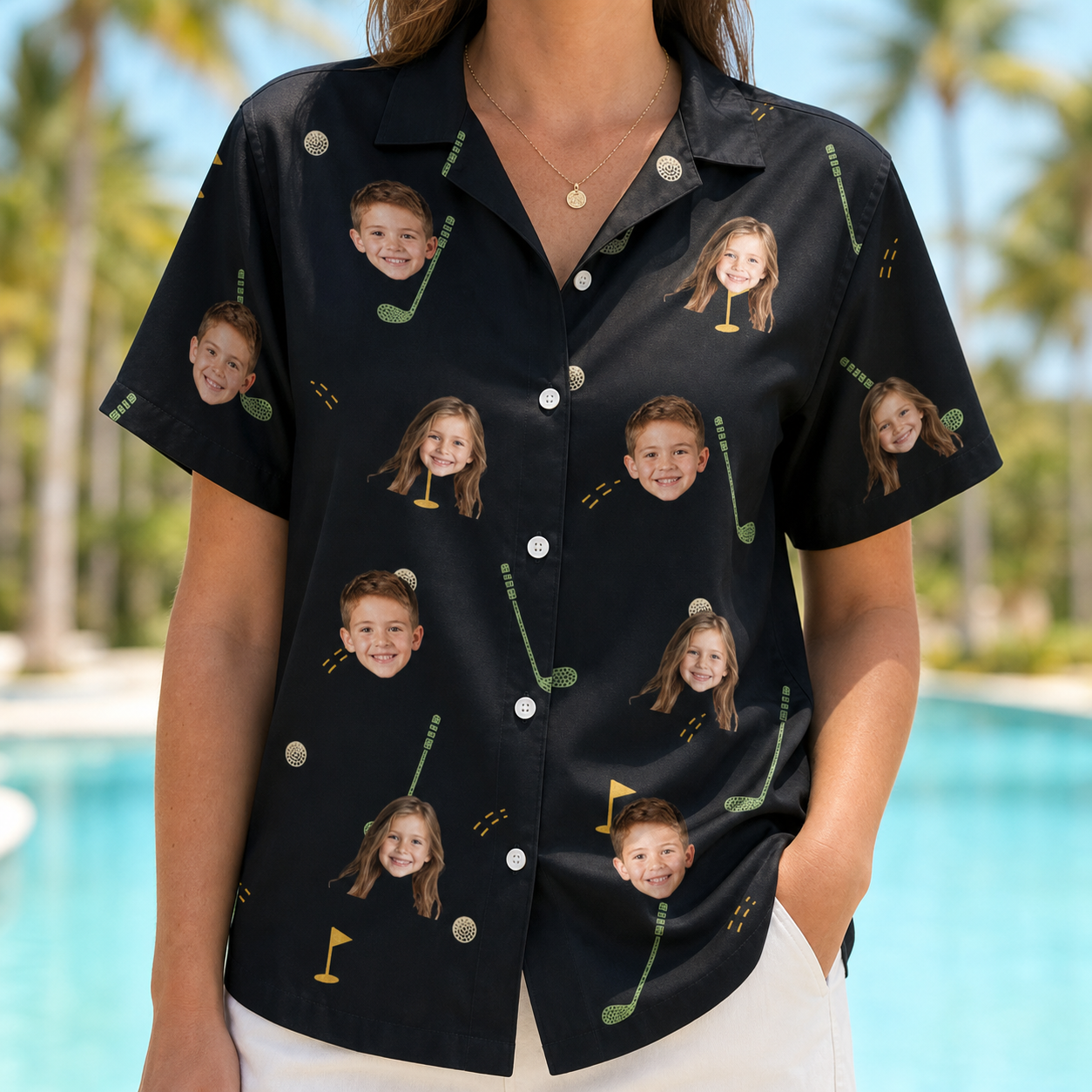 Model wearing Women's Wedge Whirl Custom Face Hawaiian Shirt printed with kids' faces