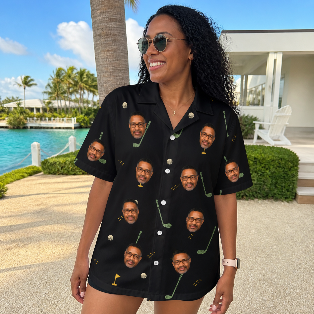 Real-life photo of someone wearing Women's Wedge Whirl Custom Face Hawaiian Shirt — custom faces printed all-over