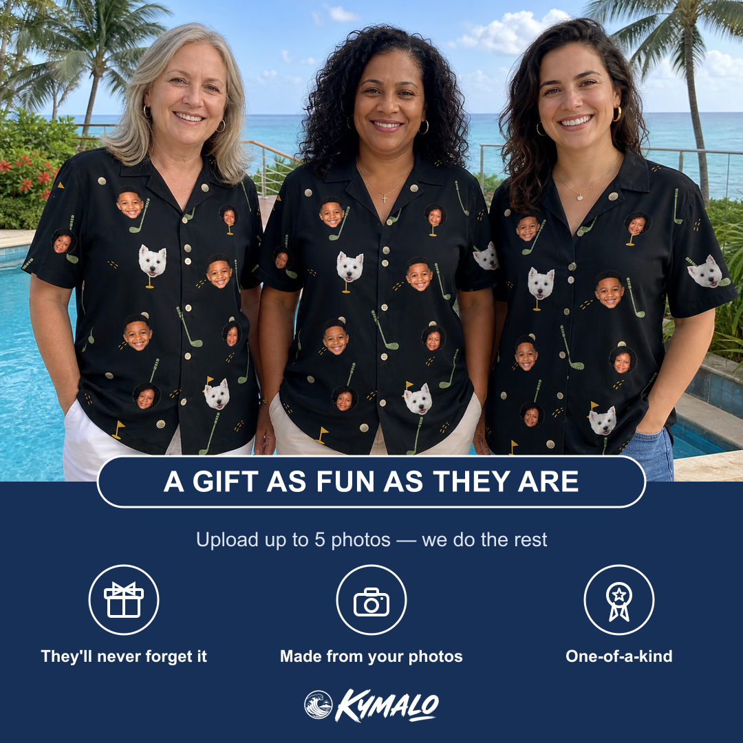 Friends in matching Women's Wedge Whirl Custom Face Hawaiian Shirt — a group gift photo