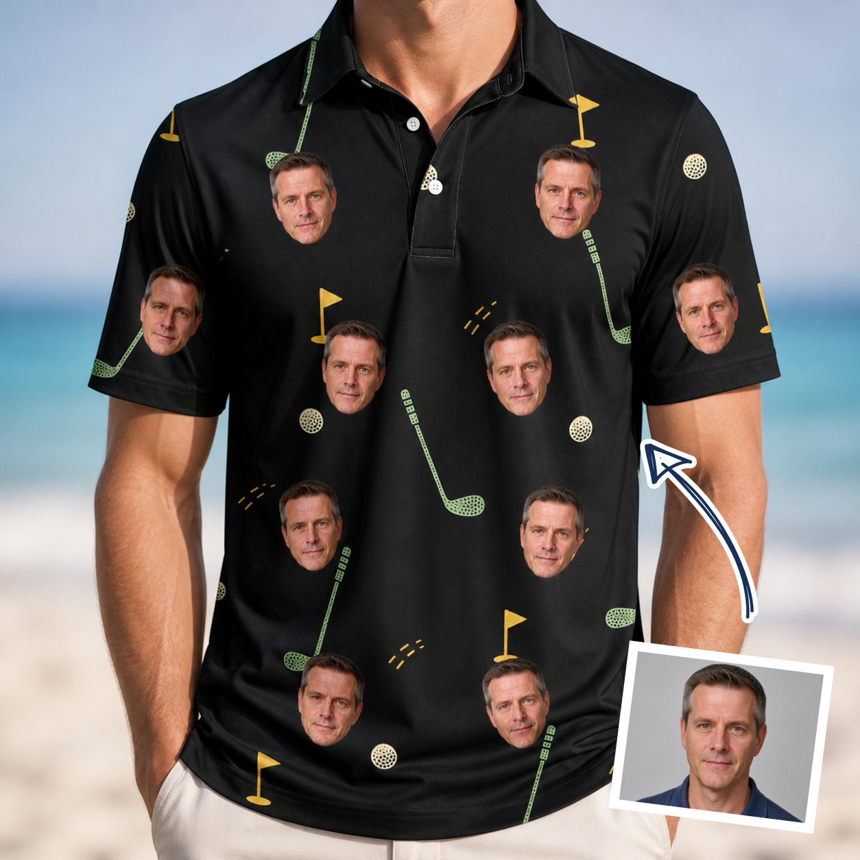 Man wearing Men's Wedge Whirl Custom Face Polo Shirt — custom faces printed all-over