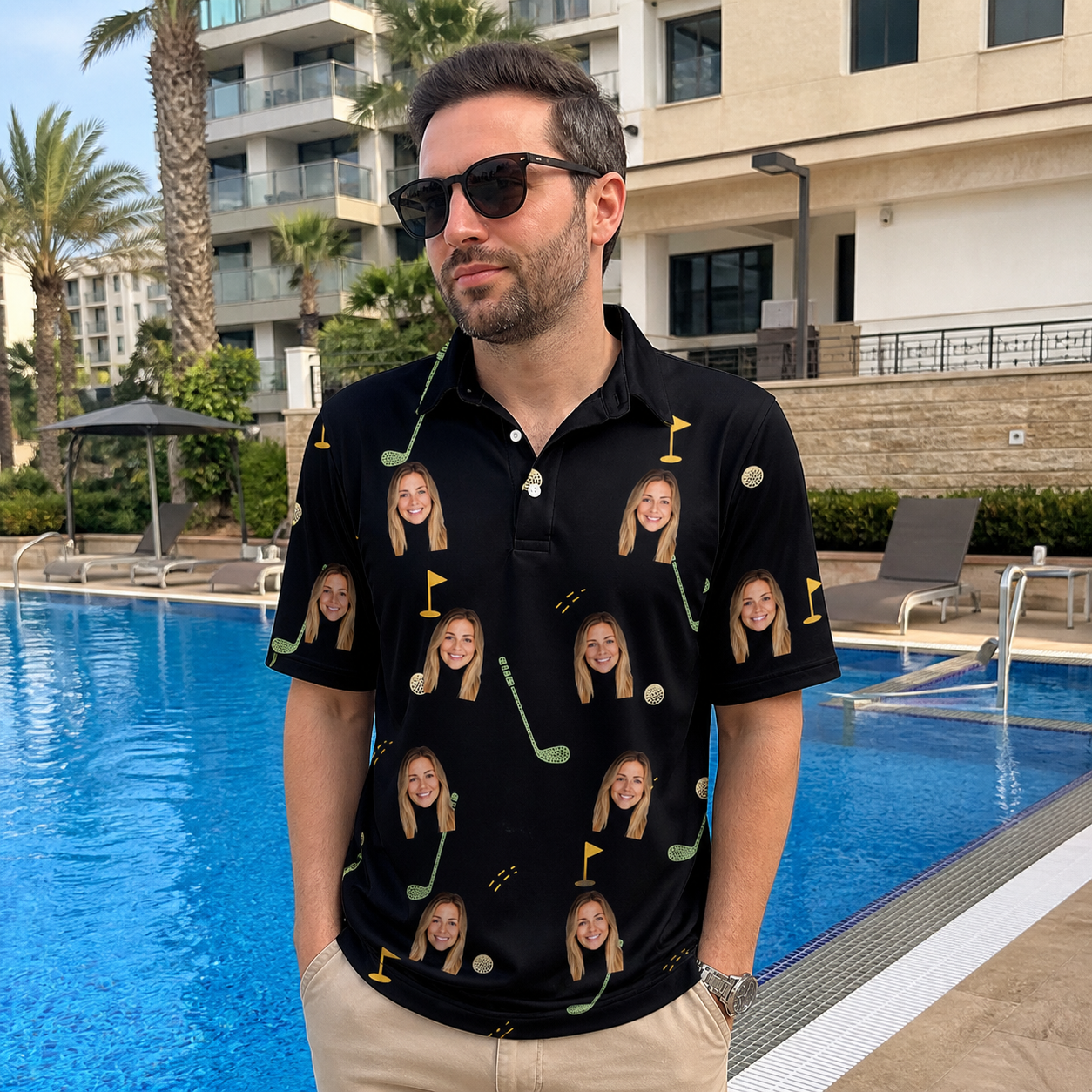 Real-life photo of someone wearing Men's Wedge Whirl Custom Face Polo Shirt — custom faces printed all-over