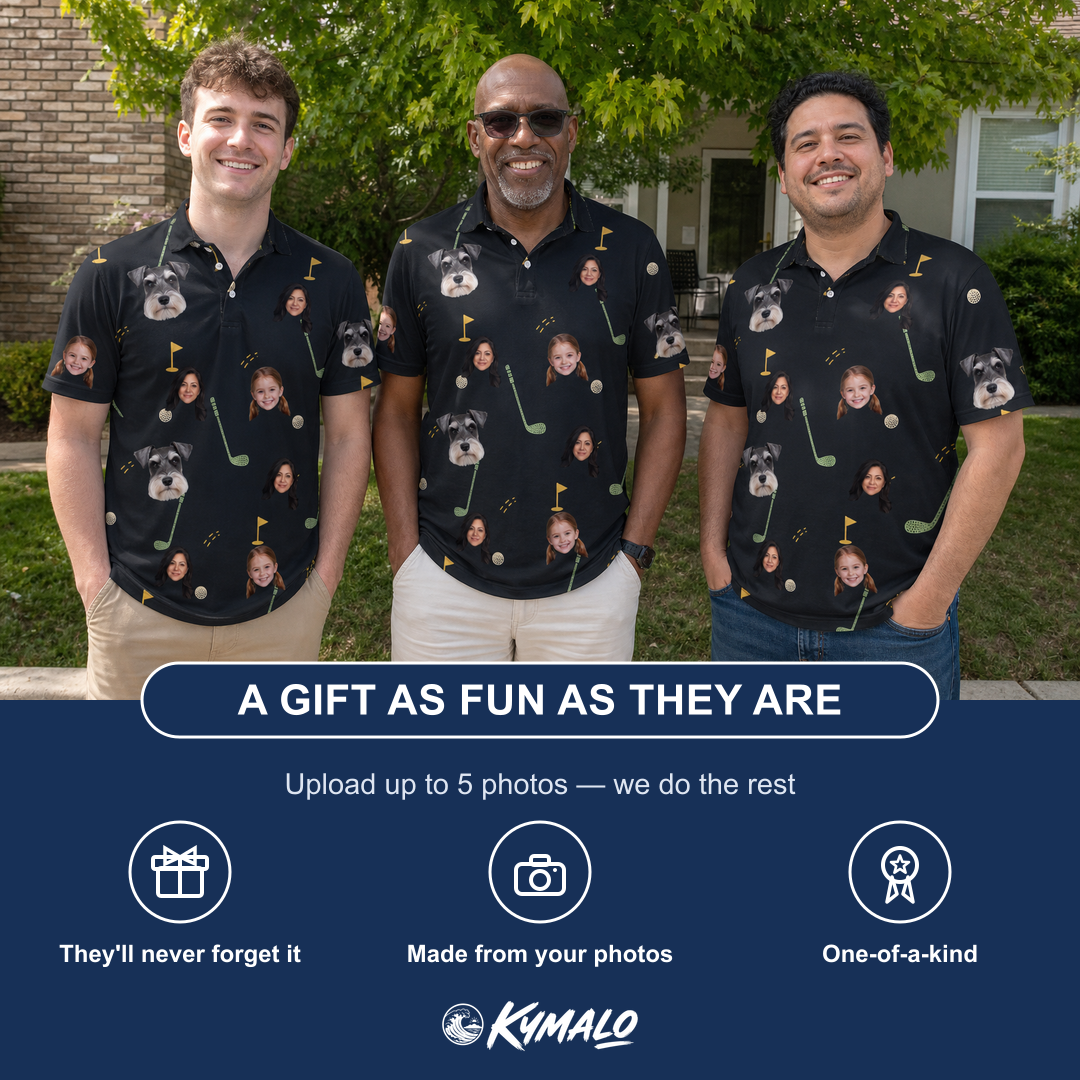 Friends in matching Men's Wedge Whirl Custom Face Polo Shirt — a group gift photo