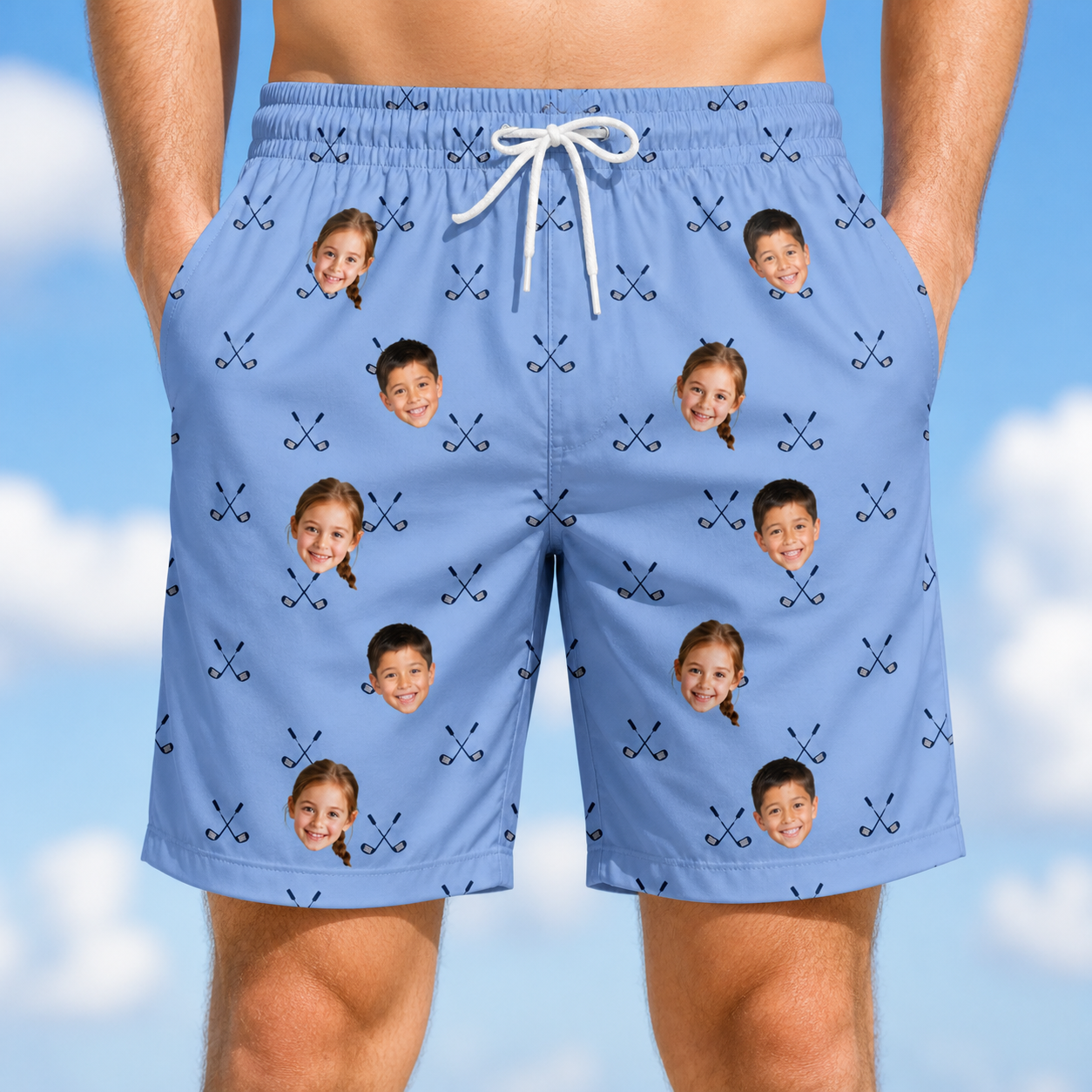 Model wearing Men's Iron Icons Custom Face Beach Shorts printed with kids' faces