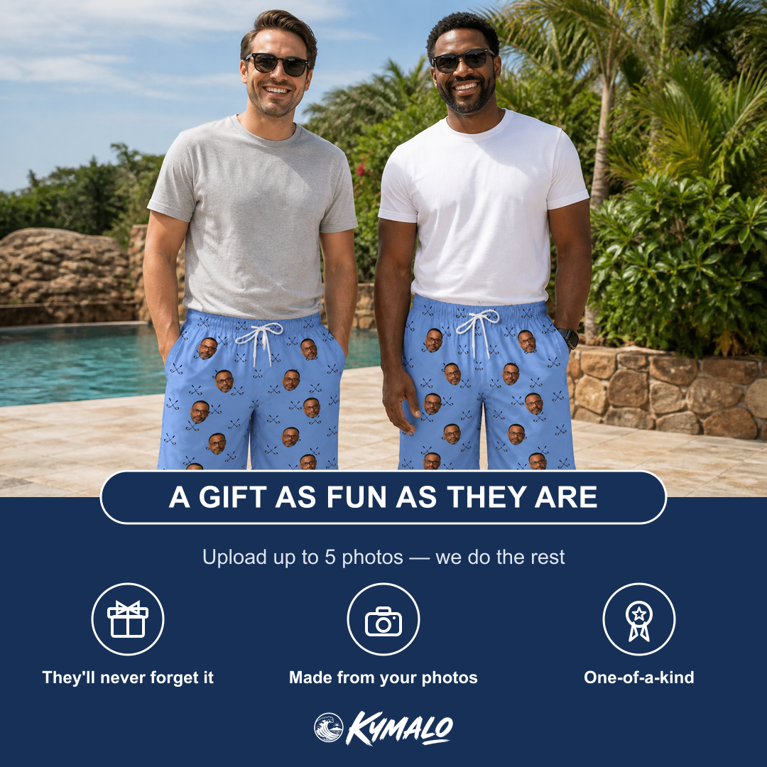 Friends in matching Men's Iron Icons Custom Face Beach Shorts — a group gift photo