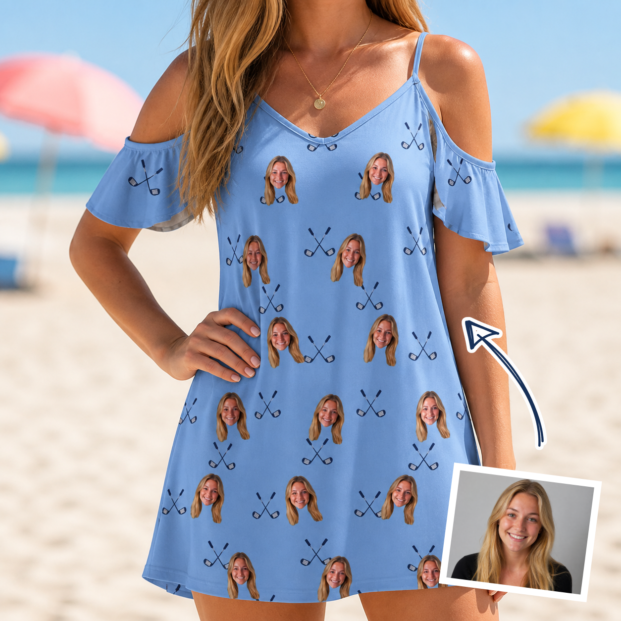 Woman wearing Women's Iron Icons Custom Face Off-Shoulder Dress — custom faces printed all-over