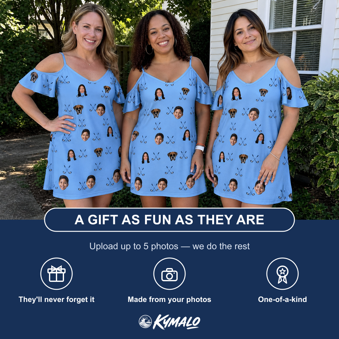 Friends in matching Women's Iron Icons Custom Face Off-Shoulder Dress — a group gift photo
