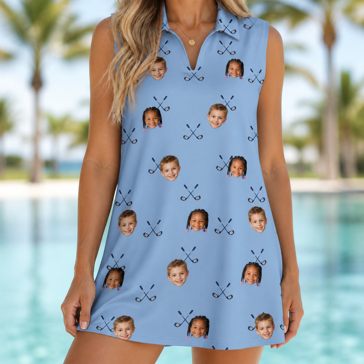 Model wearing Women's Iron Icons Custom Face V-Neck Dress printed with kids' faces