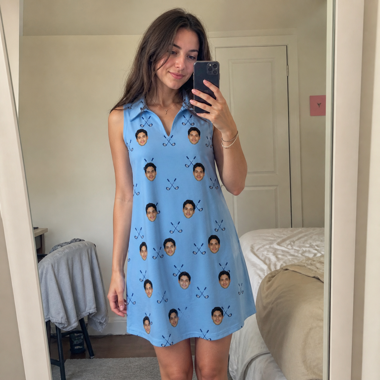 Real-life photo of someone wearing Women's Iron Icons Custom Face V-Neck Dress — custom faces printed all-over