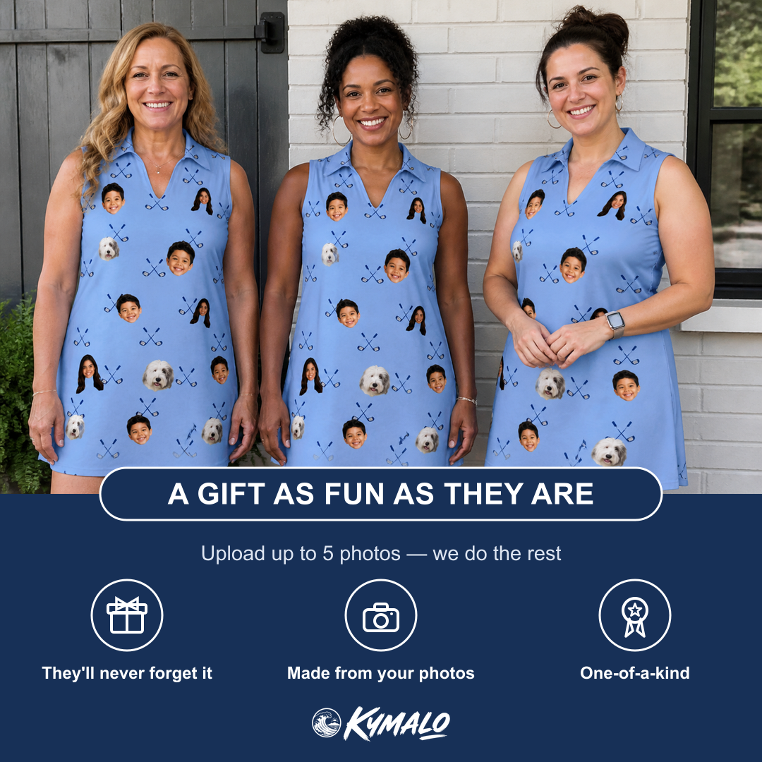 Friends in matching Women's Iron Icons Custom Face V-Neck Dress — a group gift photo