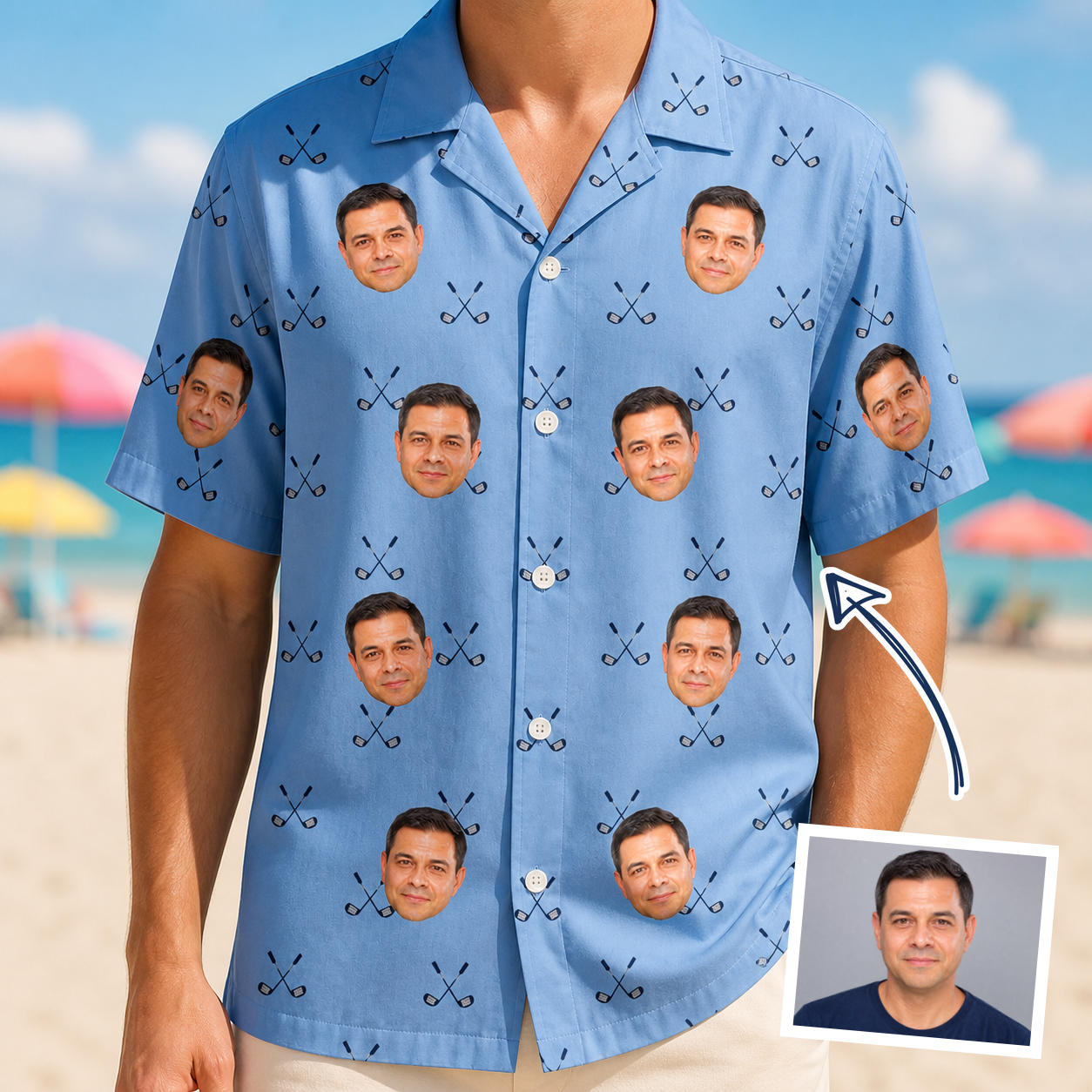 Man wearing Men's Iron Icons Custom Face Hawaiian Shirt — custom faces printed all-over