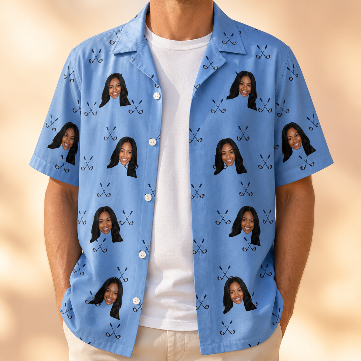 Man wearing Men's Iron Icons Custom Face Hawaiian Shirt open over a white tee