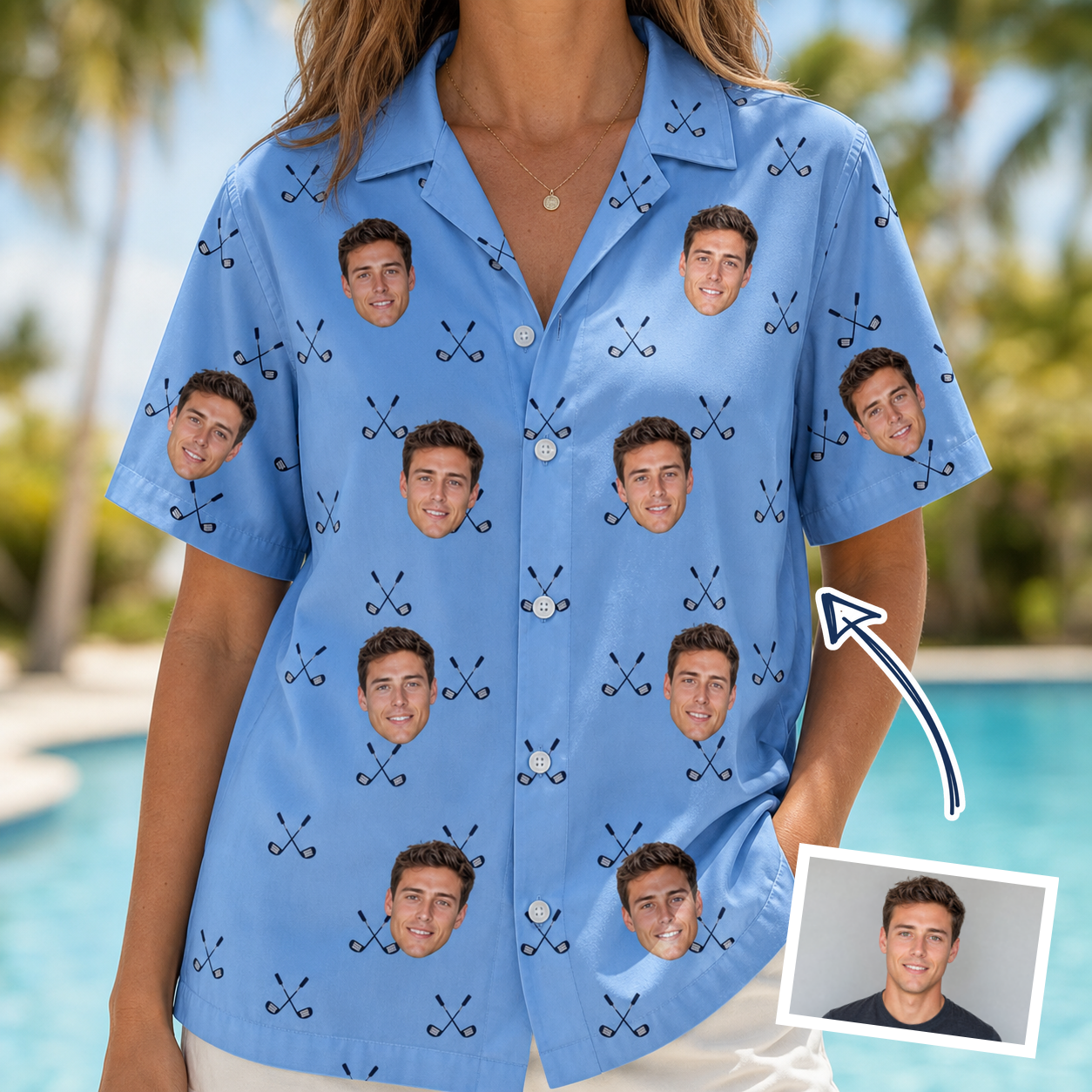 Woman wearing Women's Iron Icons Custom Face Hawaiian Shirt — custom faces printed all-over