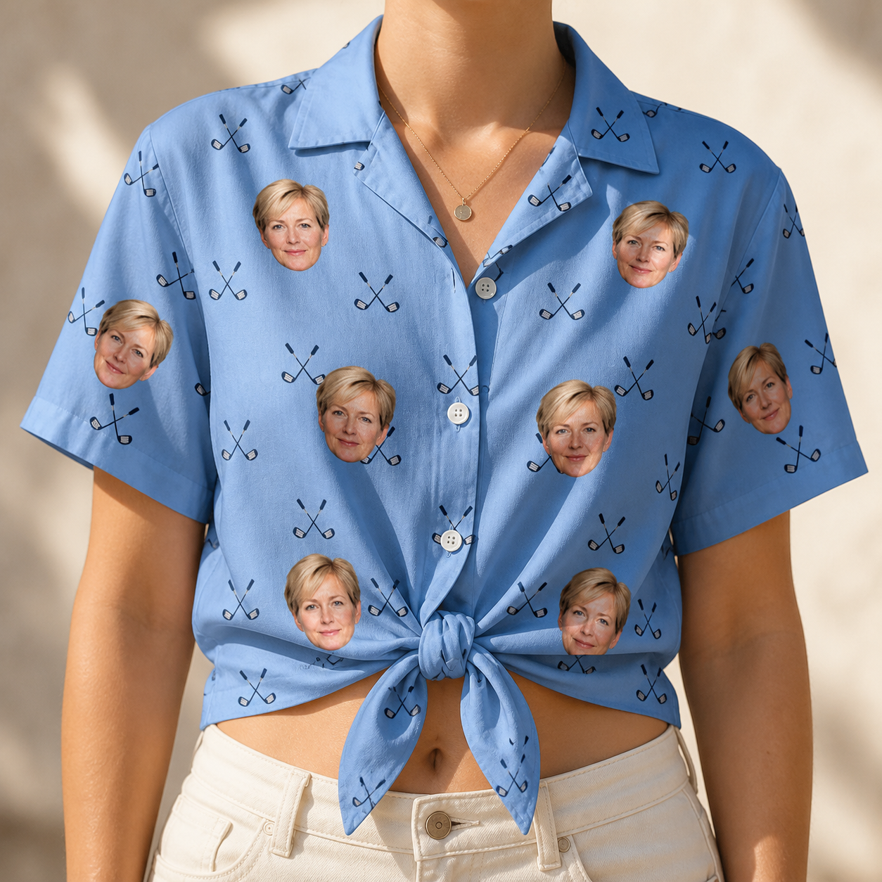 Woman wearing Women's Iron Icons Custom Face Hawaiian Shirt tied at the waist