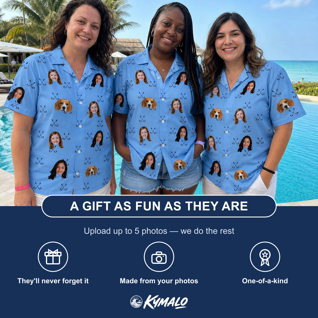 Friends in matching Women's Iron Icons Custom Face Hawaiian Shirt — a group gift photo