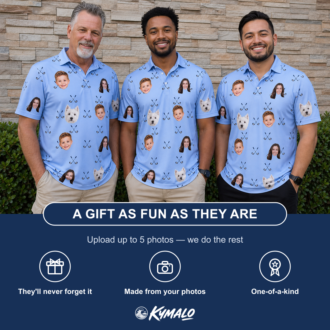 Friends in matching Men's Iron Icons Custom Face Polo Shirt — a group gift photo