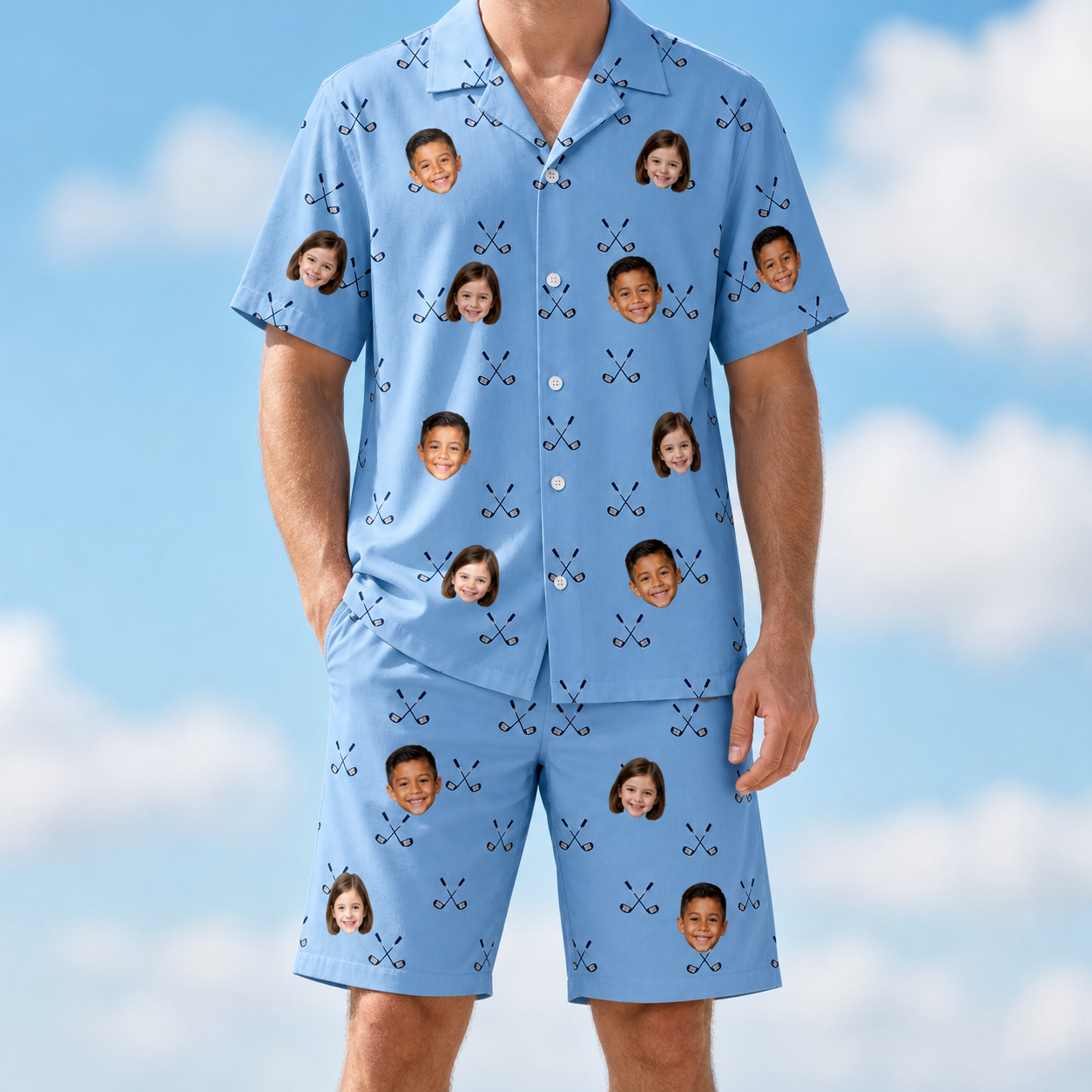 Model wearing Men's Iron Icons Custom Face Shirt & Shorts Set printed with kids' faces