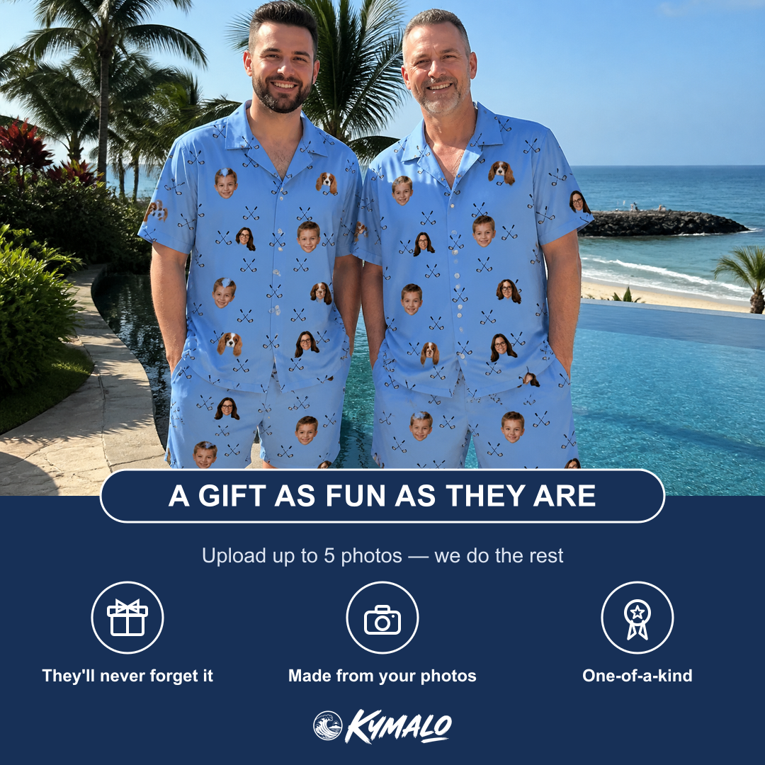 Friends in matching Men's Iron Icons Custom Face Shirt & Shorts Set — a group gift photo