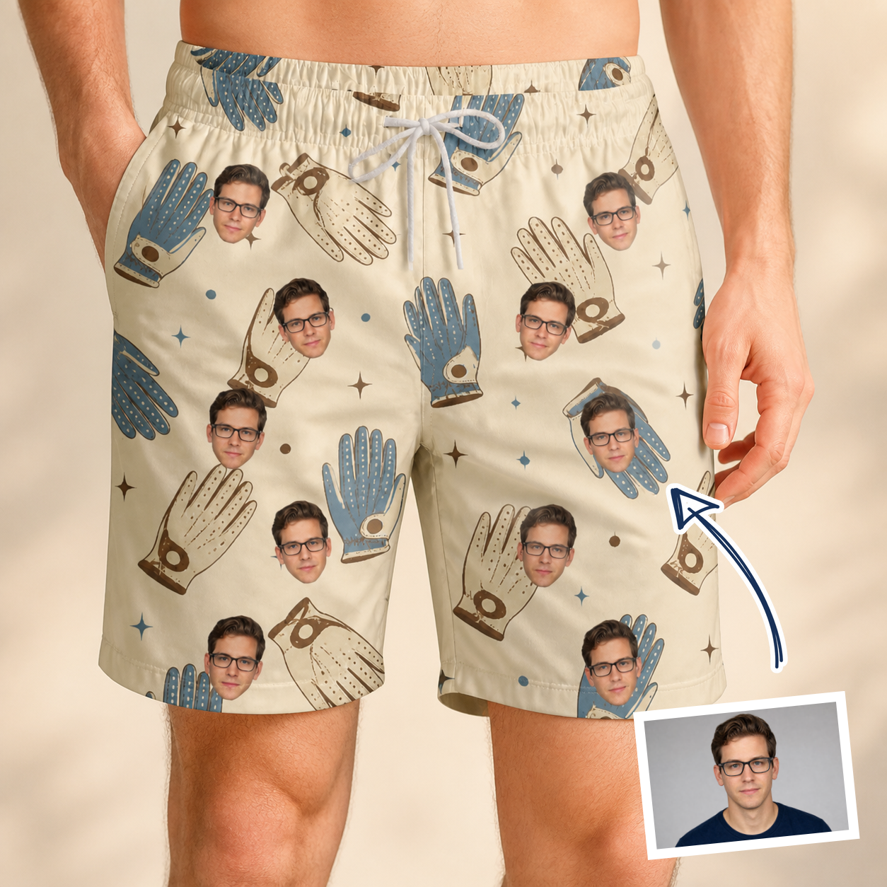 Man wearing Men's Grip Happens Custom Face Beach Shorts — custom faces printed all-over