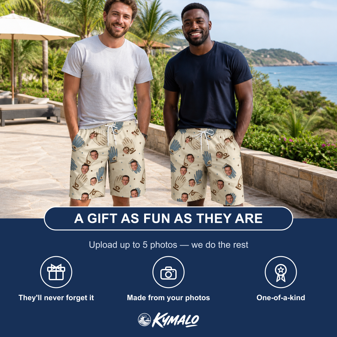 Friends in matching Men's Grip Happens Custom Face Beach Shorts — a group gift photo