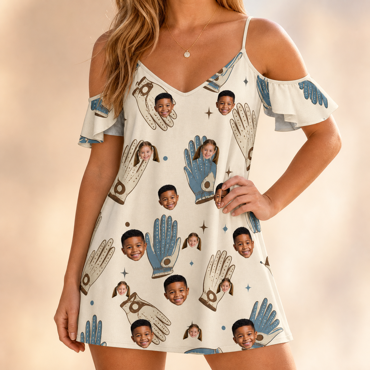 Model wearing Women's Grip Happens Custom Face Off-Shoulder Dress printed with kids' faces