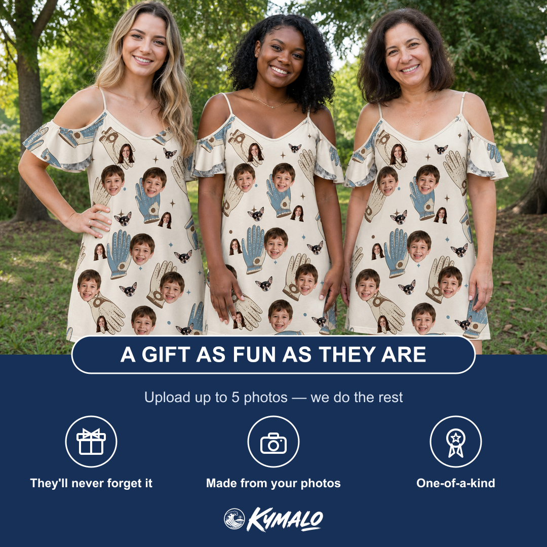 Friends in matching Women's Grip Happens Custom Face Off-Shoulder Dress — a group gift photo