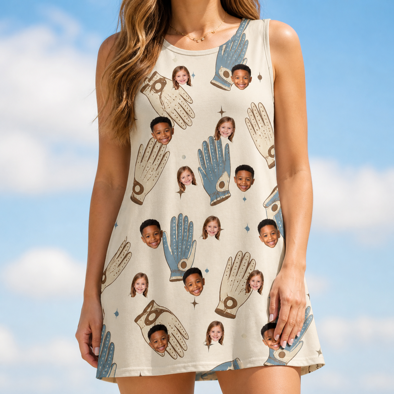 Model wearing Women's Grip Happens Custom Face Tank Dress printed with kids' faces