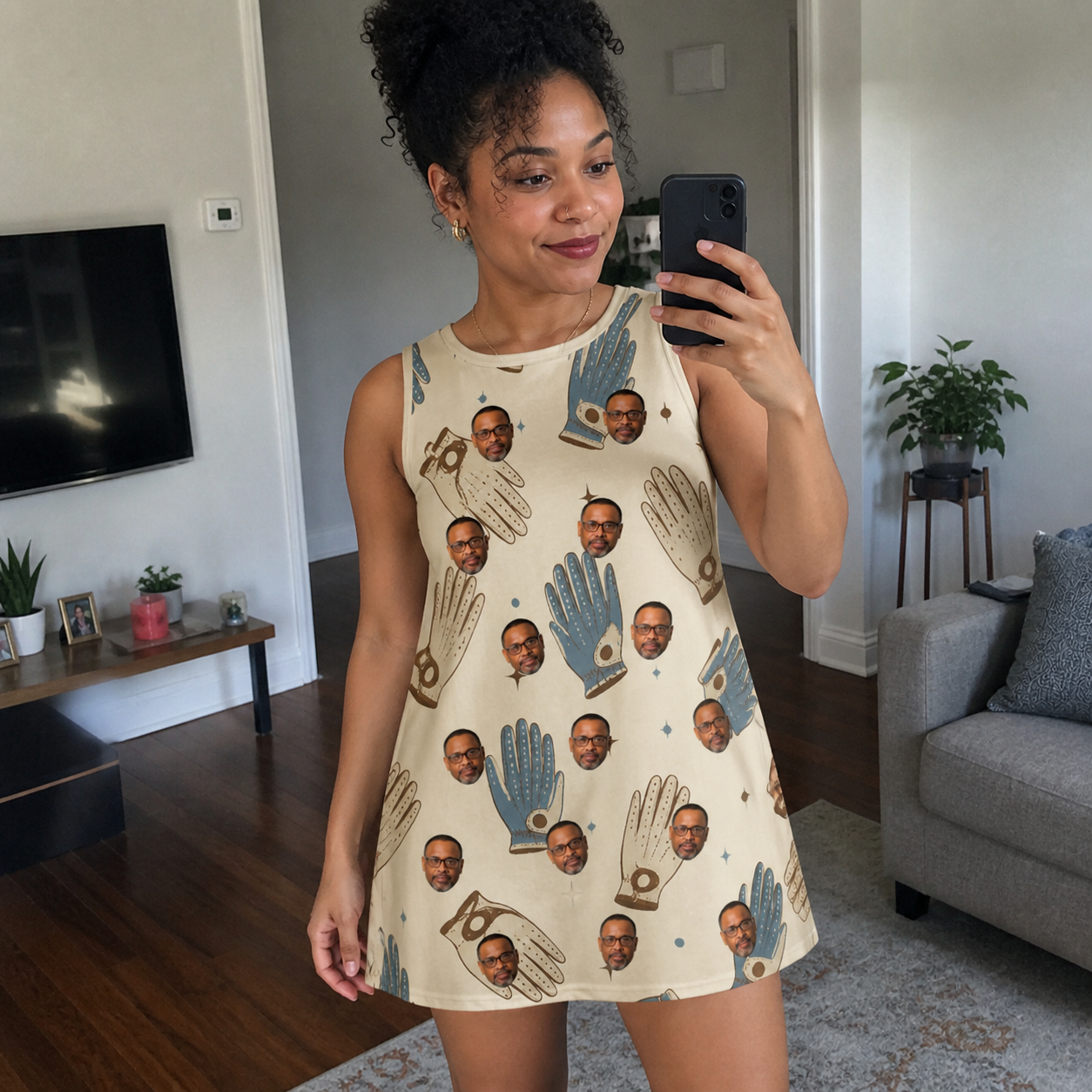 Real-life photo of someone wearing Women's Grip Happens Custom Face Tank Dress — custom faces printed all-over