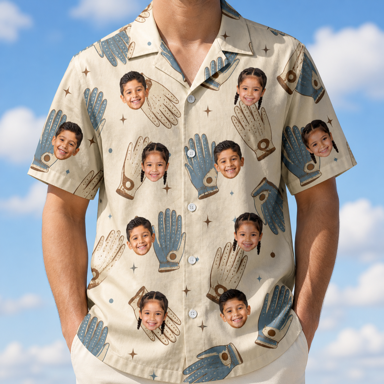 Model wearing Men's Grip Happens Custom Face Hawaiian Shirt printed with kids' faces