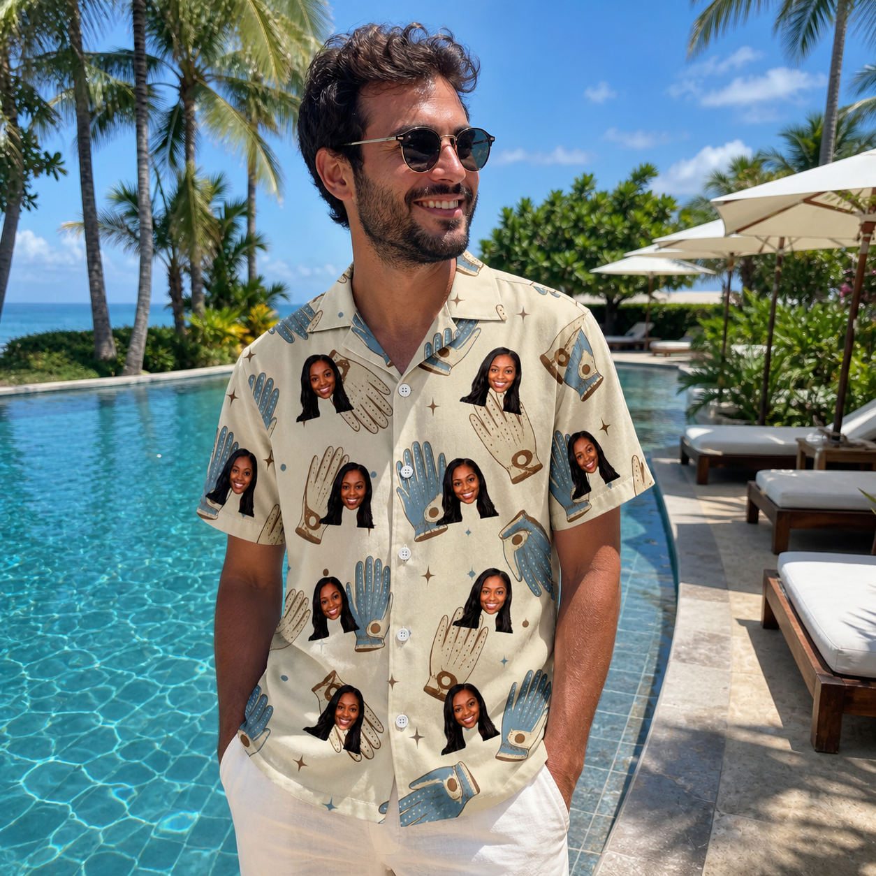 Real-life photo of someone wearing Men's Grip Happens Custom Face Hawaiian Shirt — custom faces printed all-over