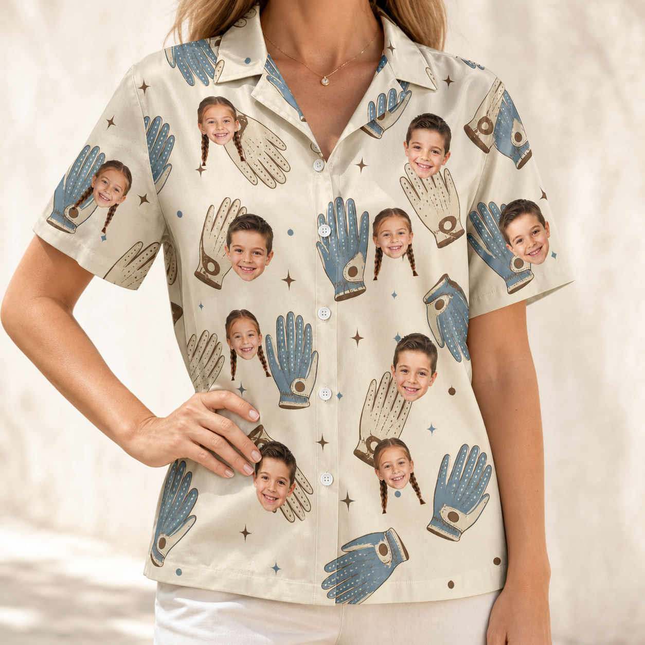 Model wearing Women's Grip Happens Custom Face Hawaiian Shirt printed with kids' faces