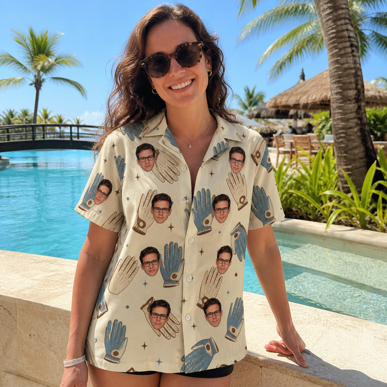 Real-life photo of someone wearing Women's Grip Happens Custom Face Hawaiian Shirt — custom faces printed all-over