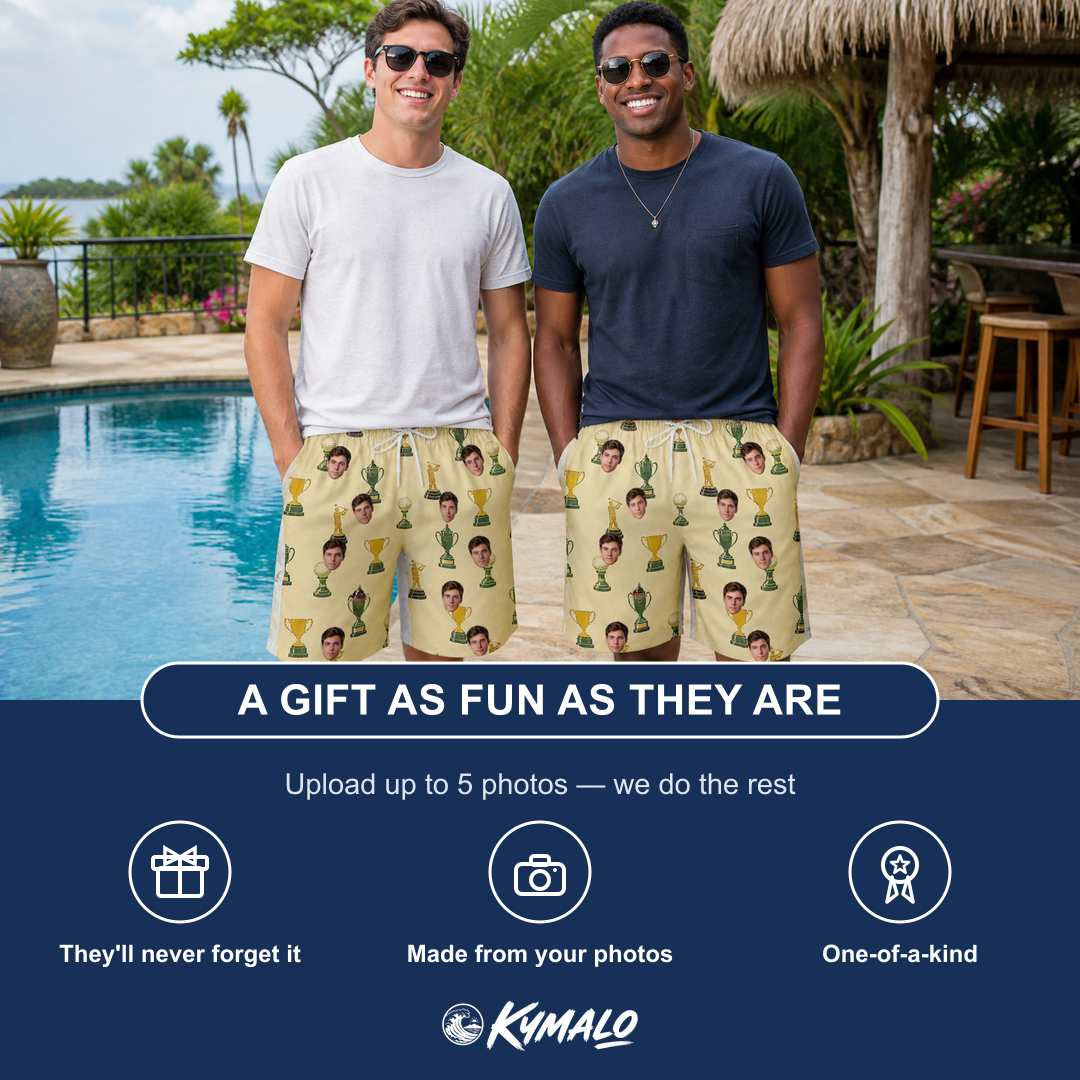 Friends in matching Men's Putting Prizes Custom Face Beach Shorts — a group gift photo