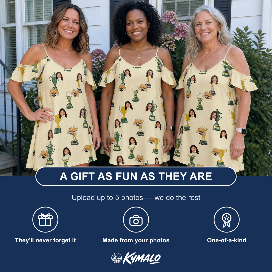 Friends in matching Women's Putting Prizes Custom Face Off-Shoulder Dress — a group gift photo
