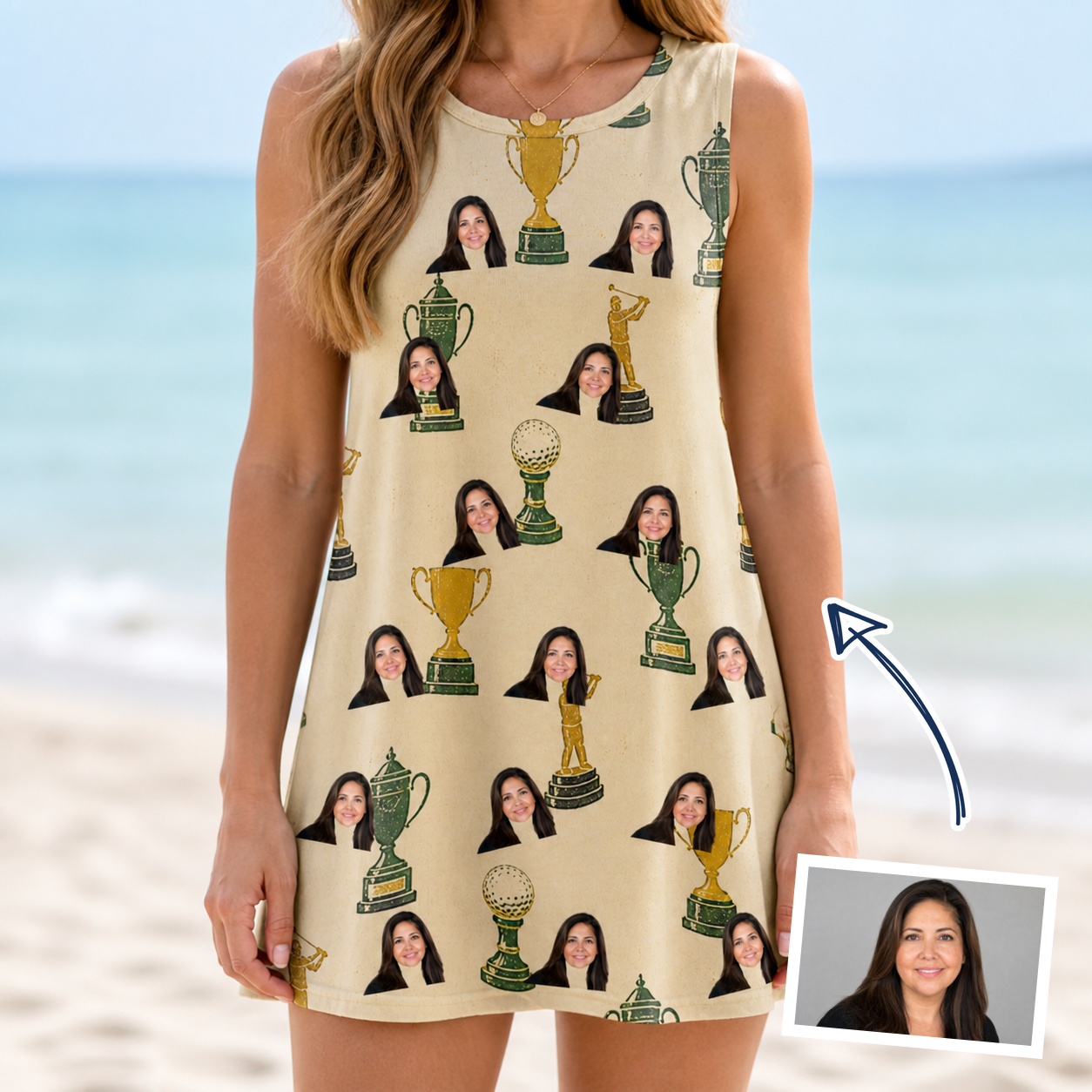Woman wearing Women's Putting Prizes Custom Face Tank Dress — custom faces printed all-over
