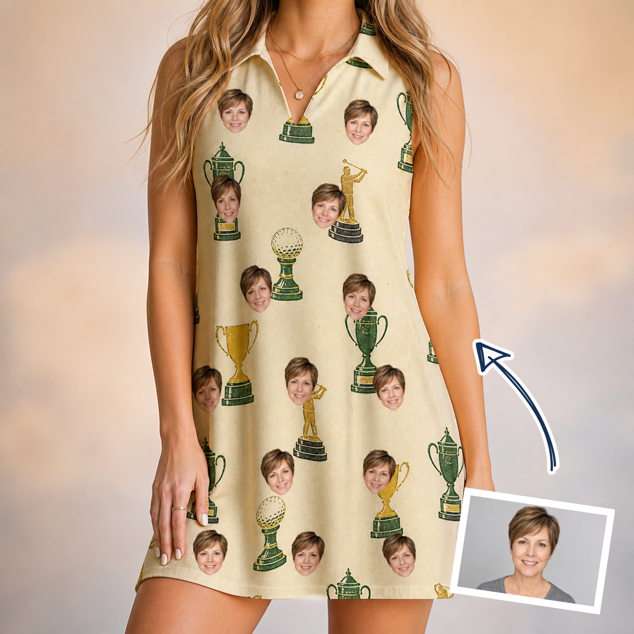 Woman wearing Women's Putting Prizes Custom Face V-Neck Dress — custom faces printed all-over