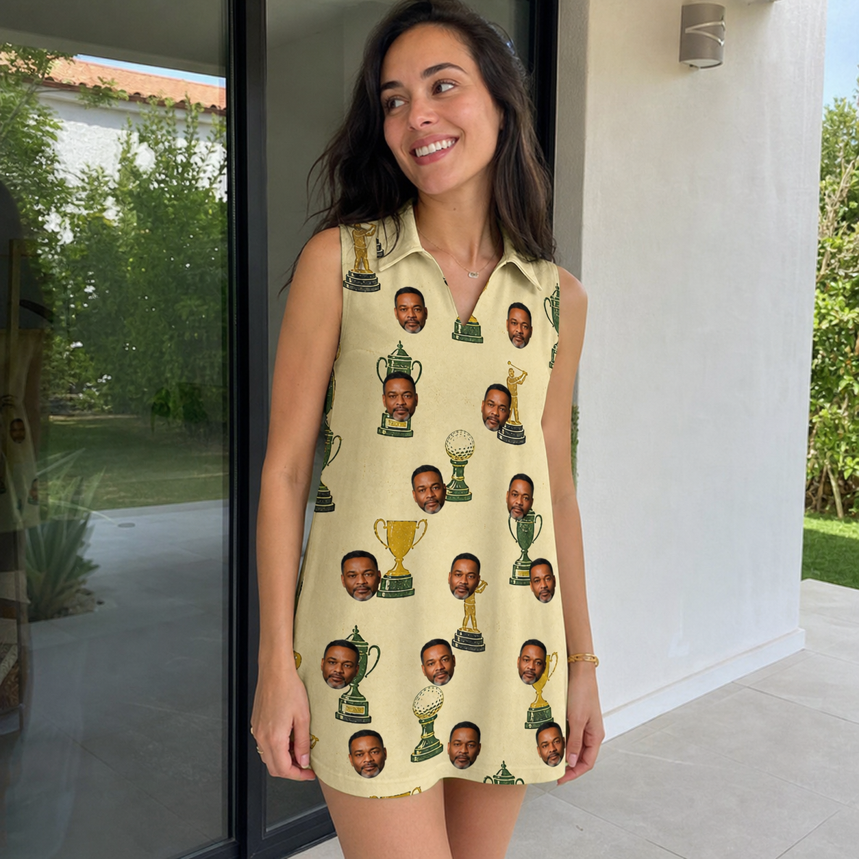 Real-life photo of someone wearing Women's Putting Prizes Custom Face V-Neck Dress — custom faces printed all-over