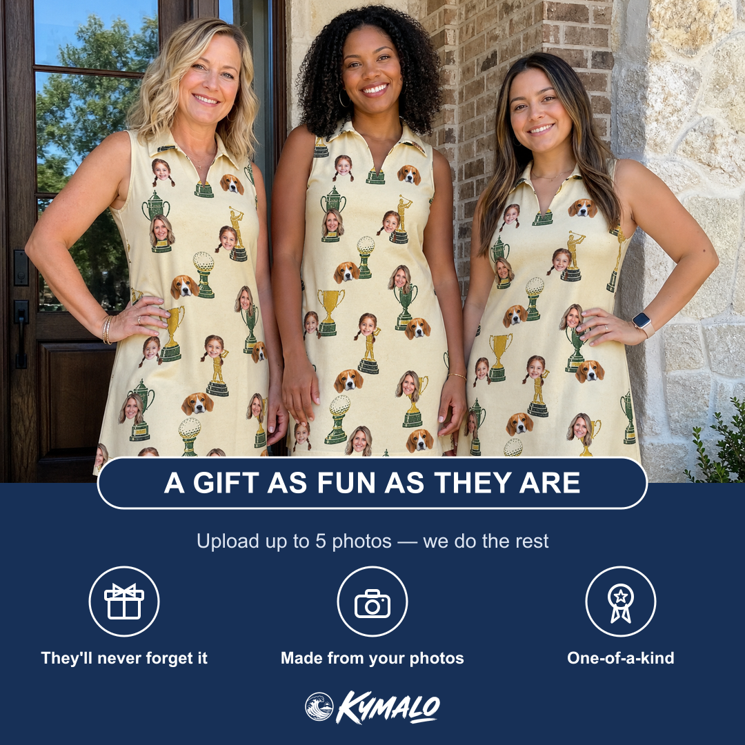 Friends in matching Women's Putting Prizes Custom Face V-Neck Dress — a group gift photo