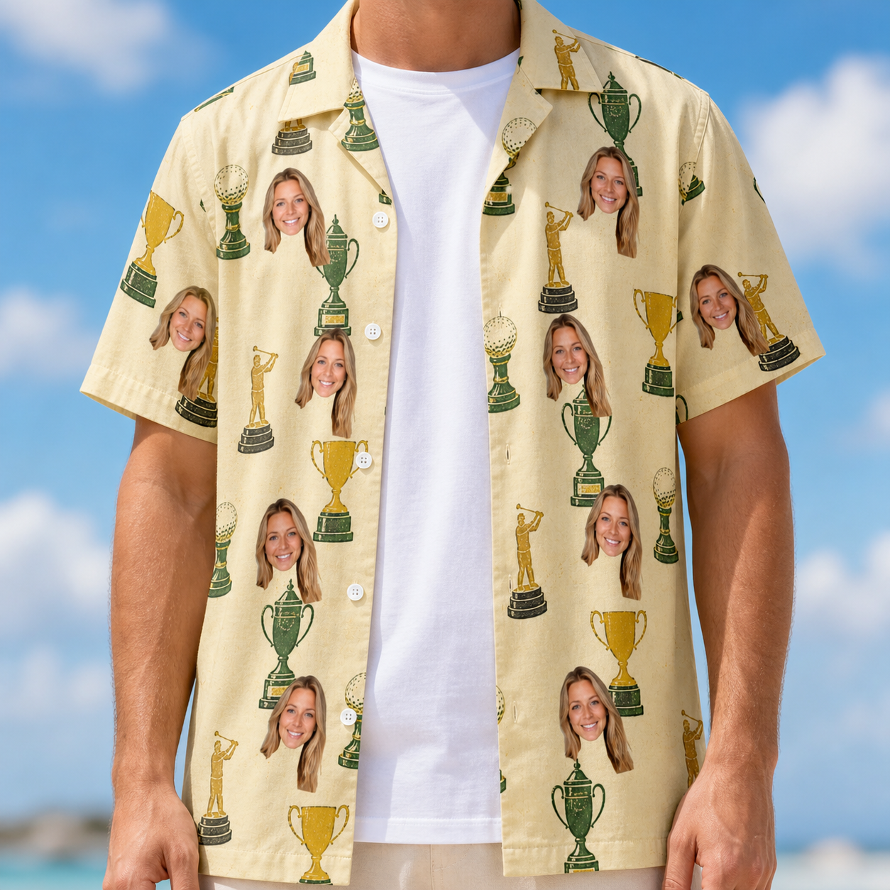 Man wearing Men's Putting Prizes Custom Face Hawaiian Shirt open over a white tee