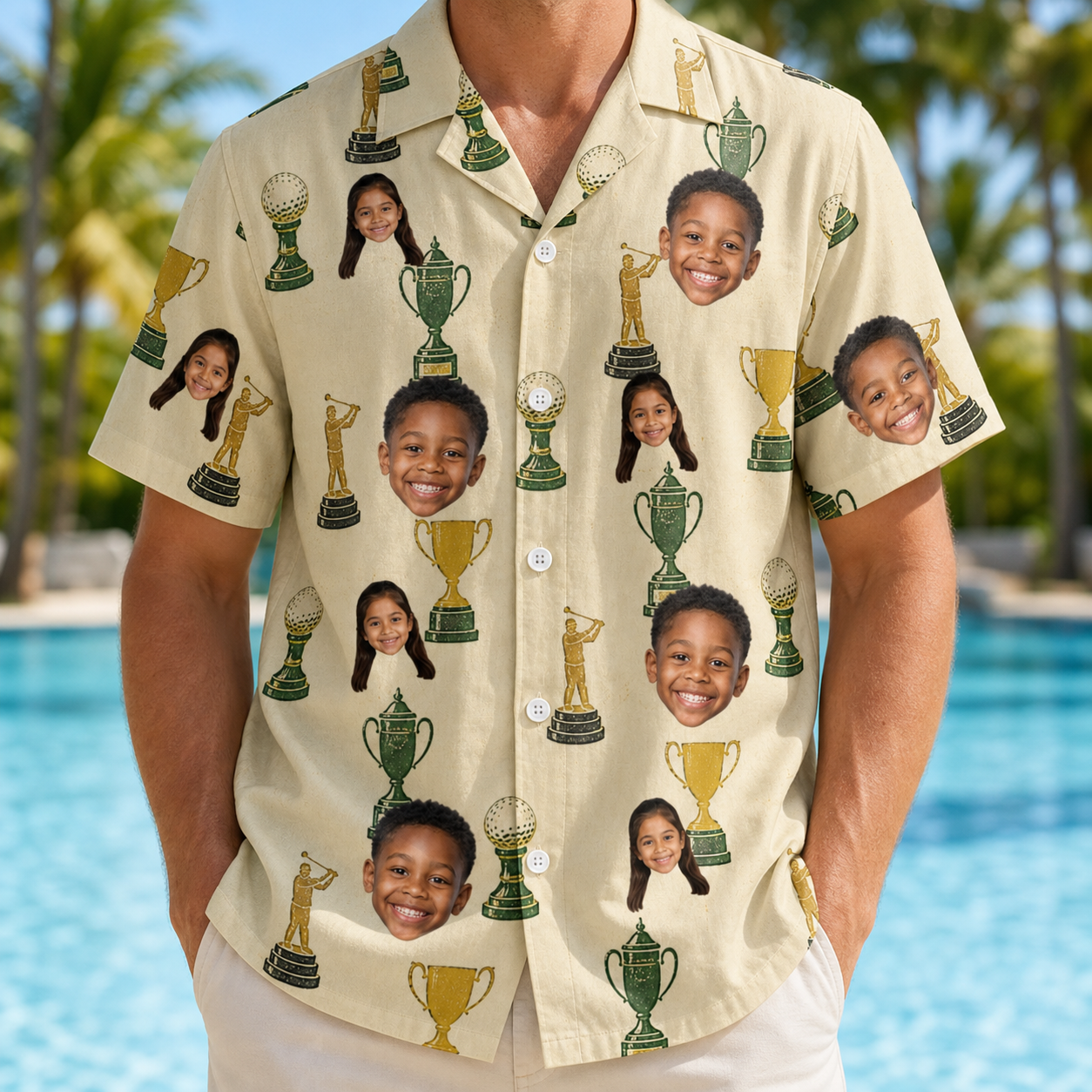 Model wearing Men's Putting Prizes Custom Face Hawaiian Shirt printed with kids' faces