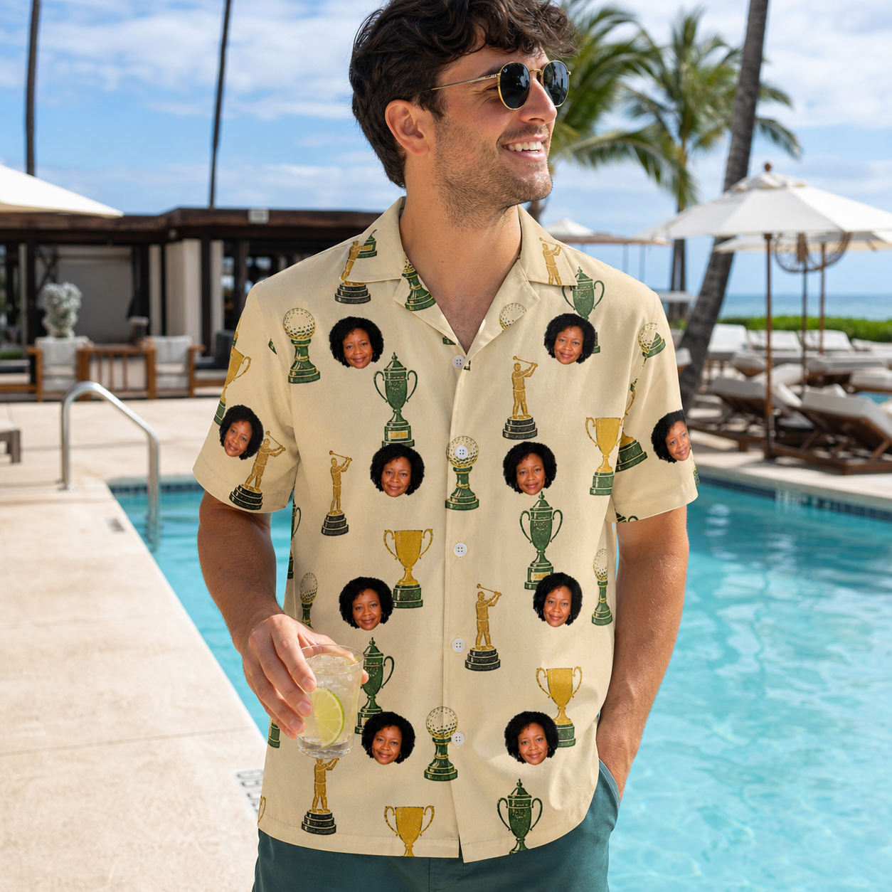 Real-life photo of someone wearing Men's Putting Prizes Custom Face Hawaiian Shirt — custom faces printed all-over