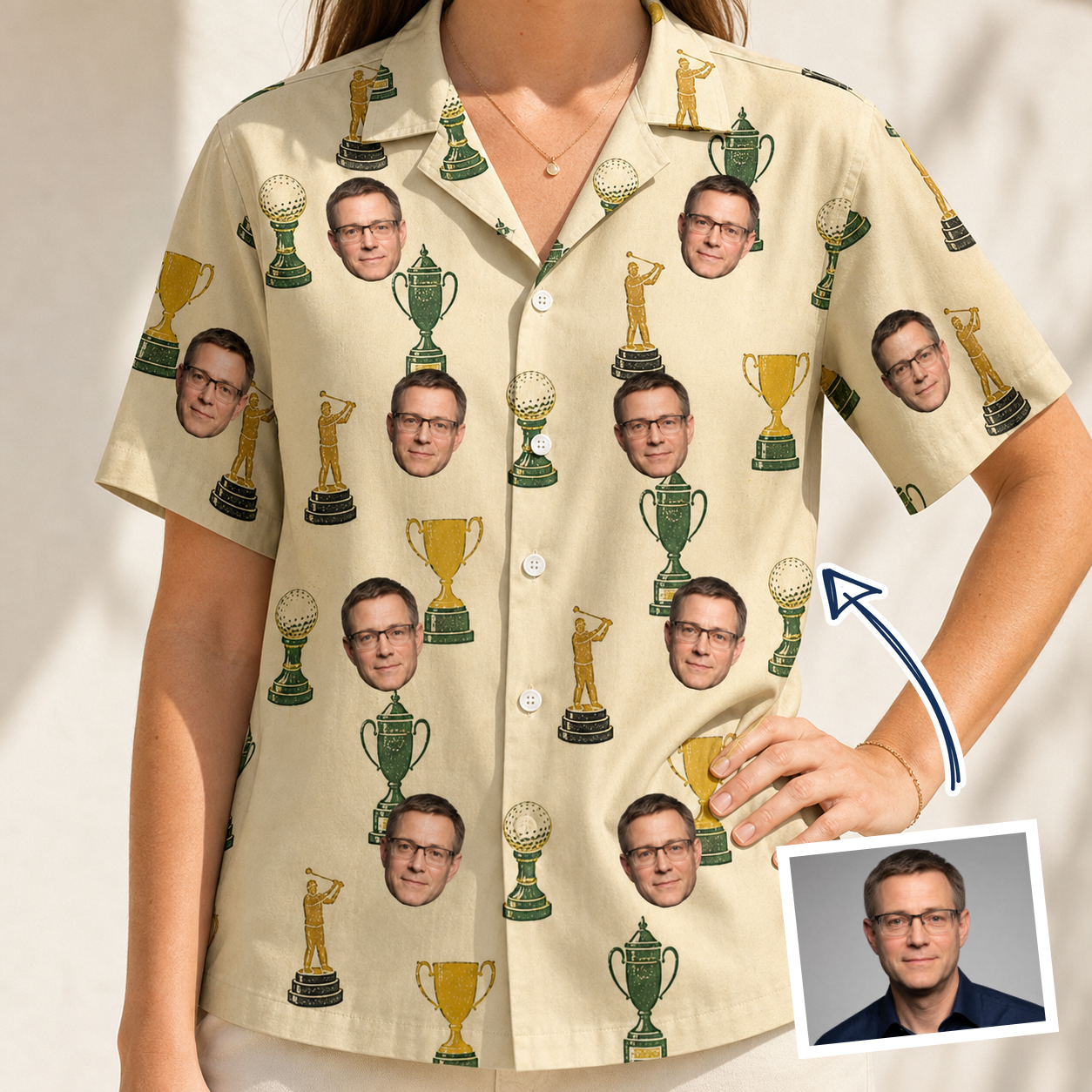 Woman wearing Women's Putting Prizes Custom Face Hawaiian Shirt — custom faces printed all-over