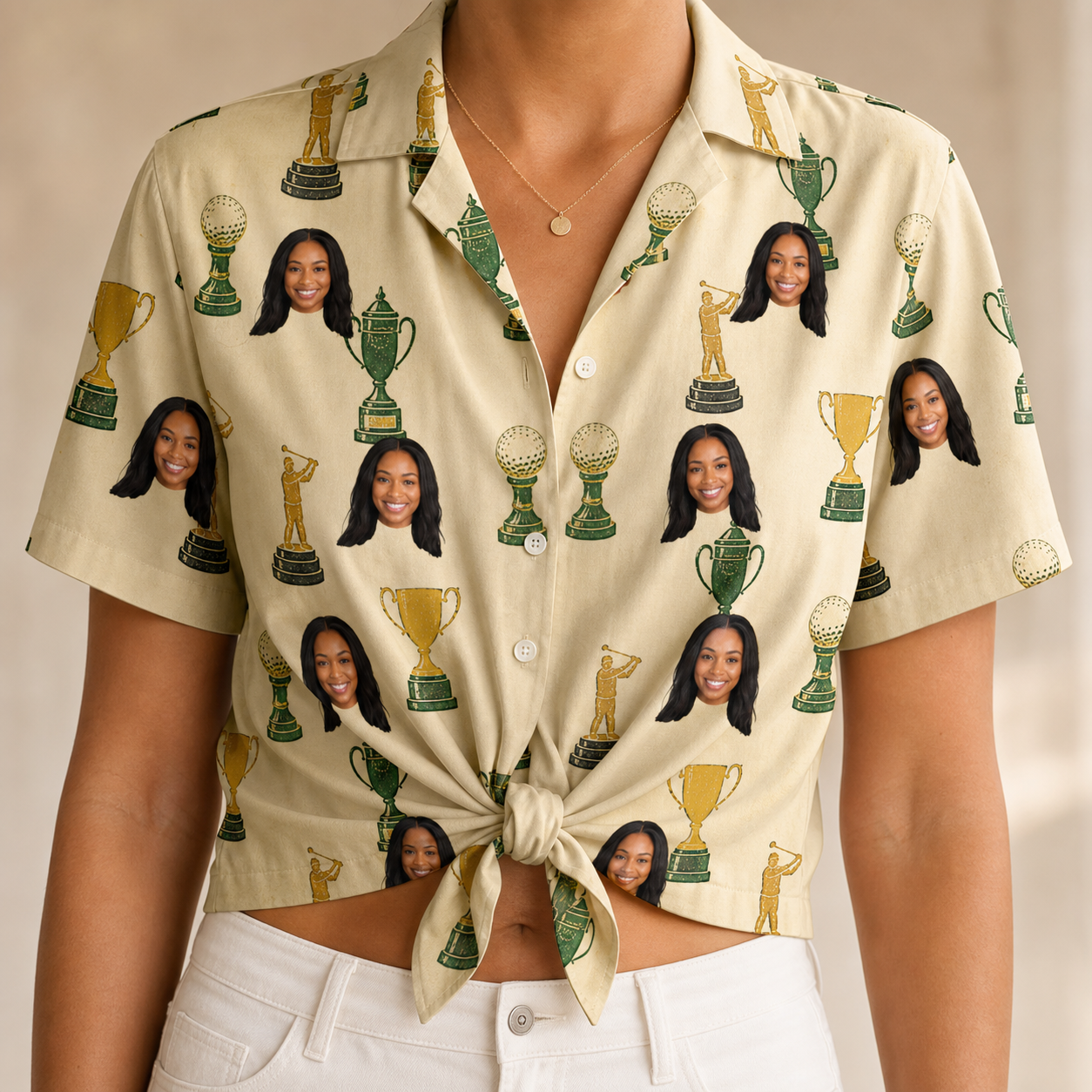 Woman wearing Women's Putting Prizes Custom Face Hawaiian Shirt tied at the waist