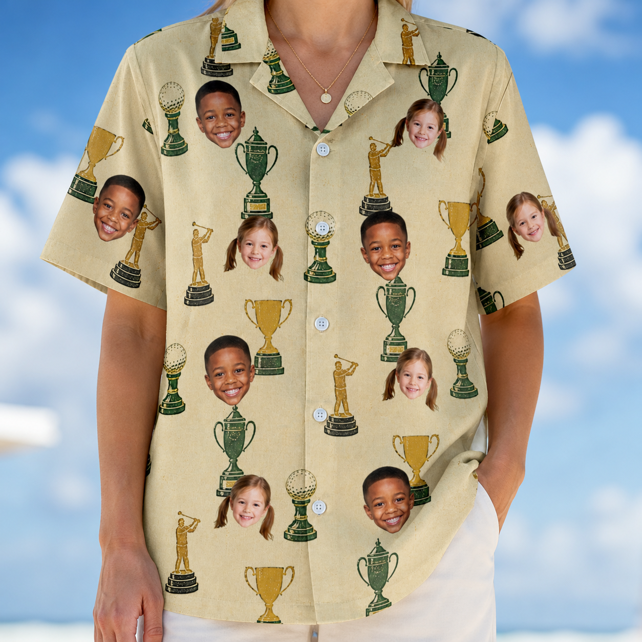 Model wearing Women's Putting Prizes Custom Face Hawaiian Shirt printed with kids' faces