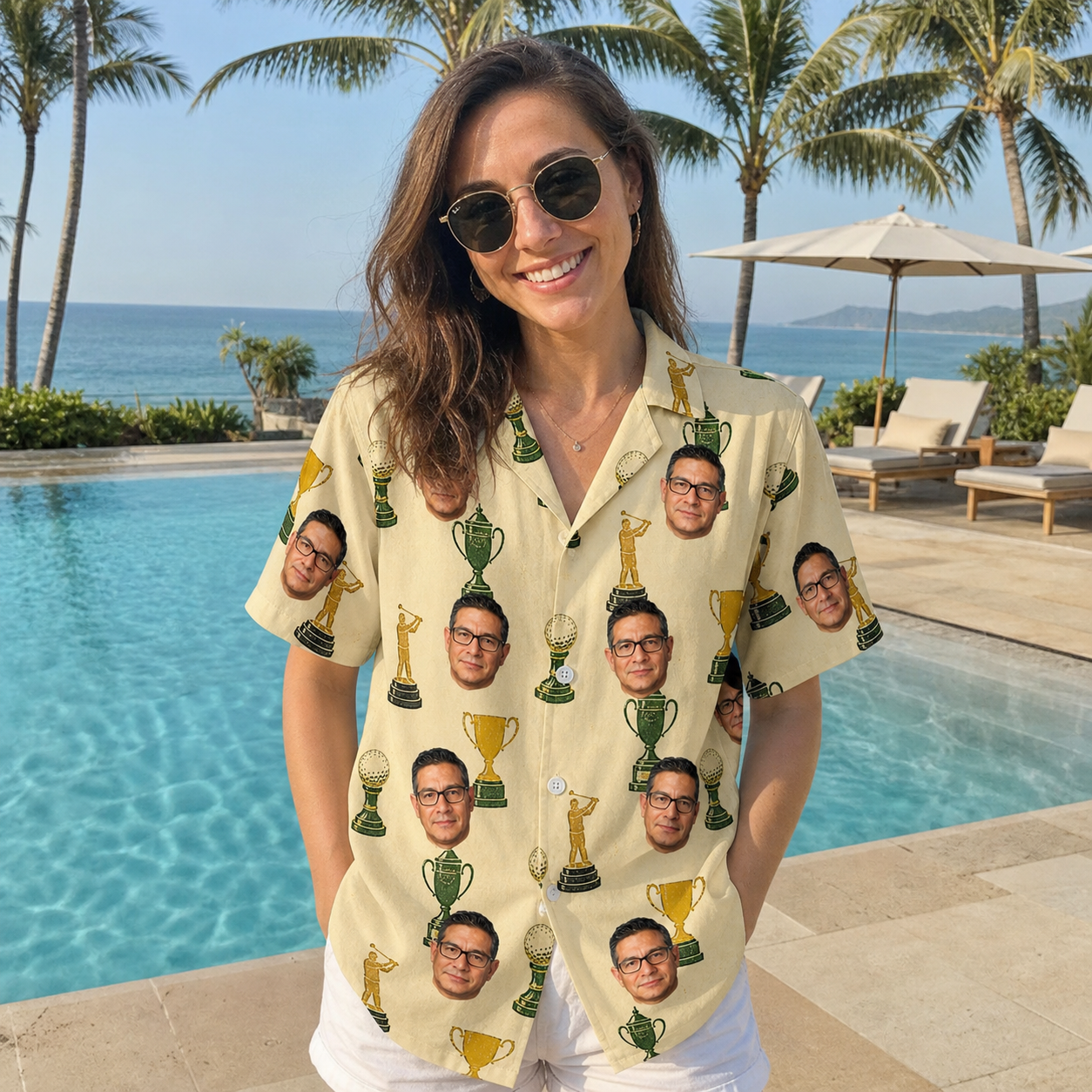 Real-life photo of someone wearing Women's Putting Prizes Custom Face Hawaiian Shirt — custom faces printed all-over