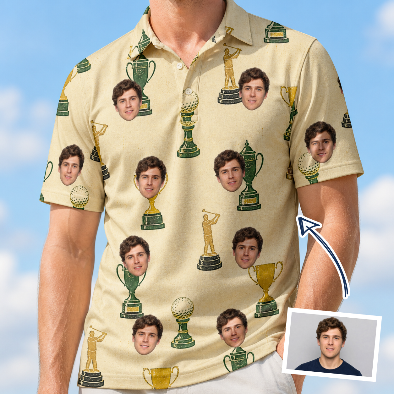 Man wearing Men's Putting Prizes Custom Face Polo Shirt — custom faces printed all-over