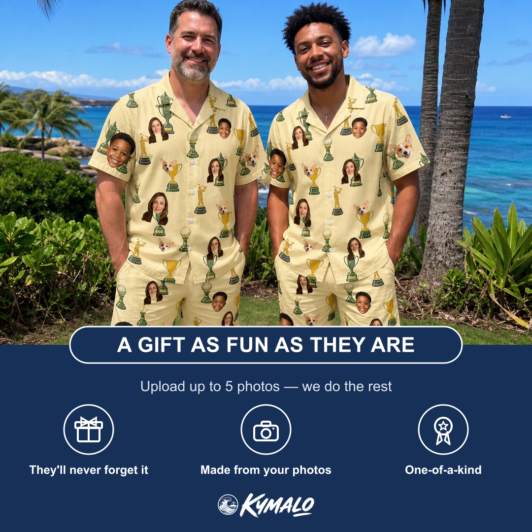 Friends in matching Men's Putting Prizes Custom Face Shirt & Shorts Set — a group gift photo