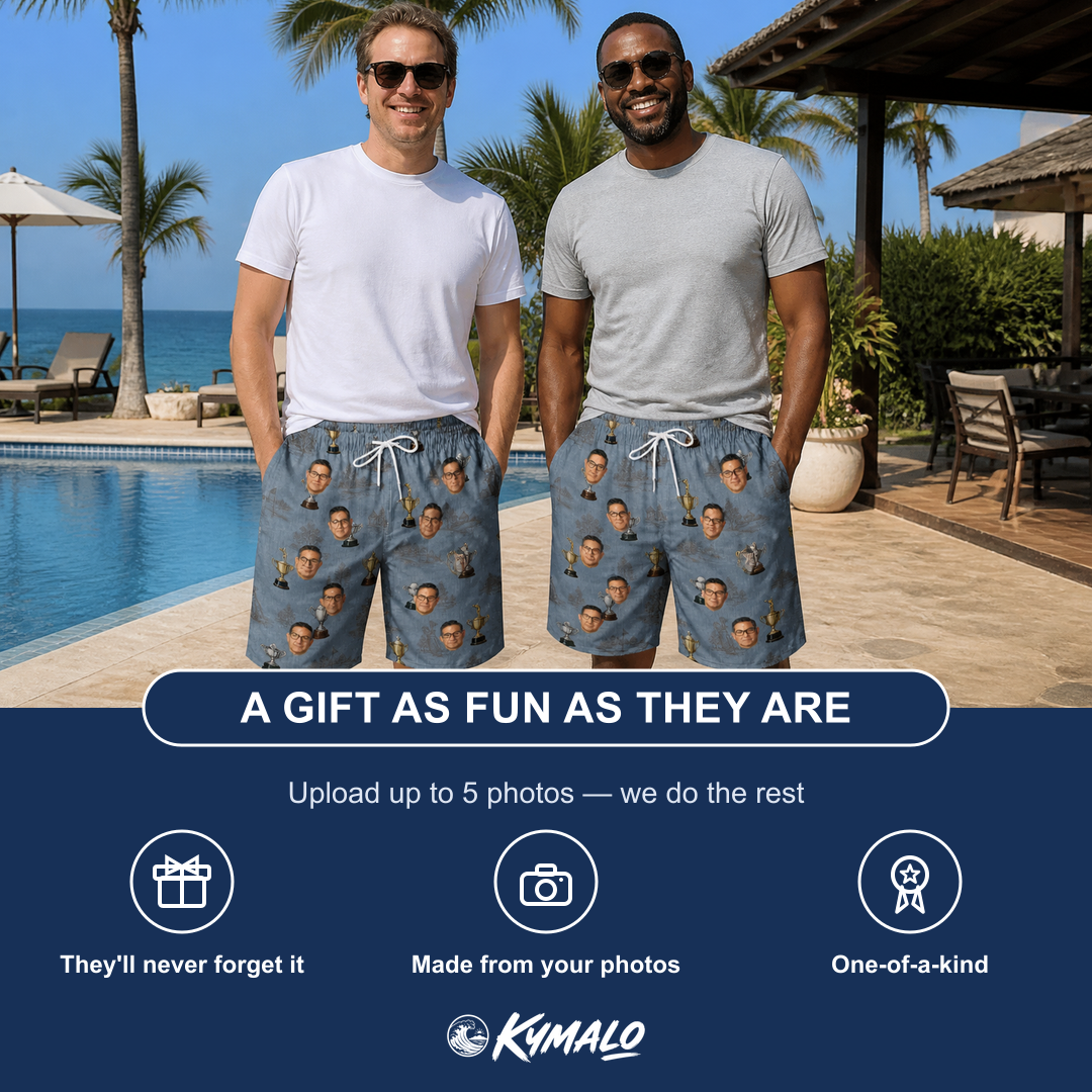Friends in matching Men's Ace Accolades Custom Face Beach Shorts — a group gift photo