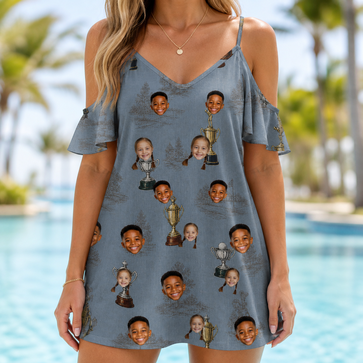 Model wearing Women's Ace Accolades Custom Face Off-Shoulder Dress printed with kids' faces