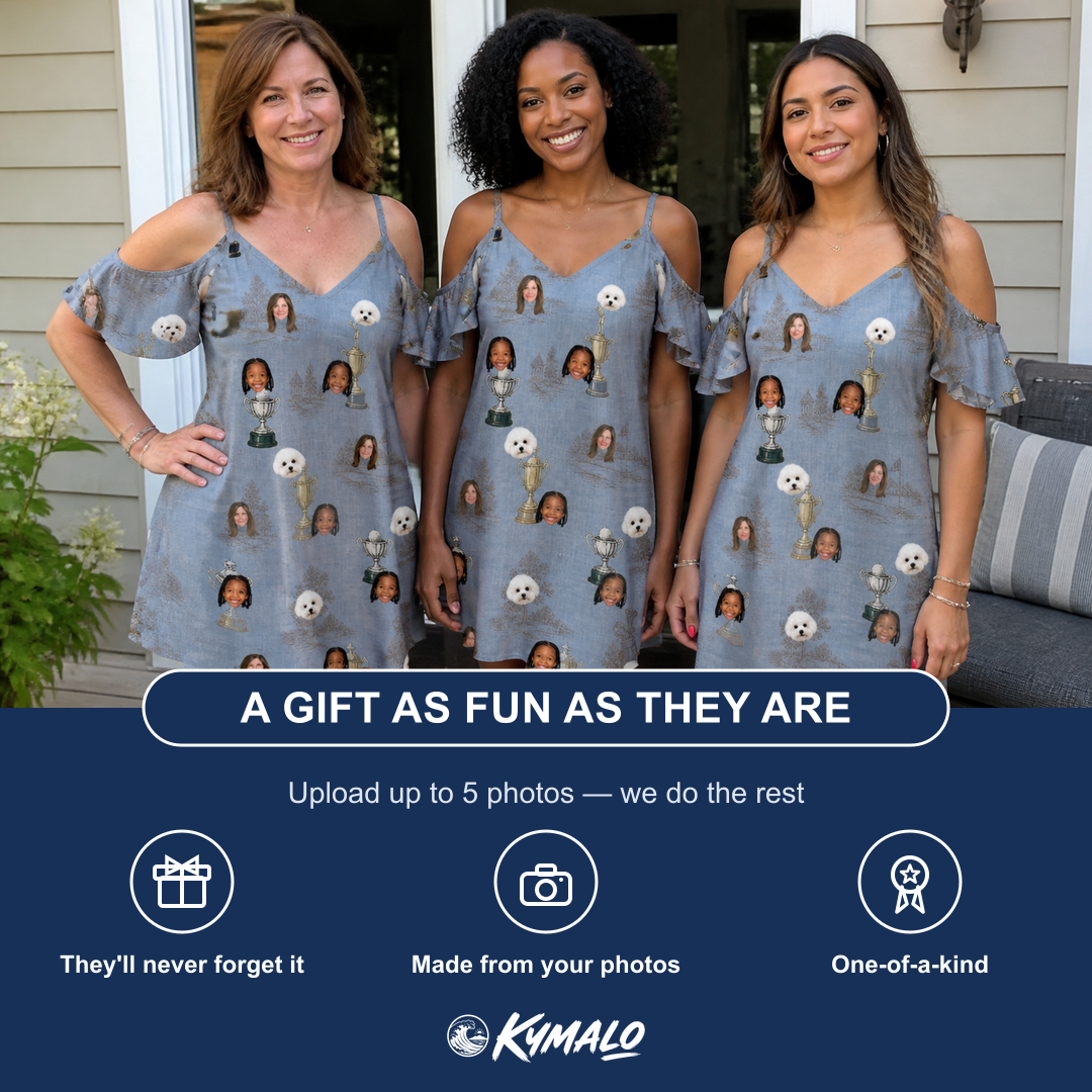 Friends in matching Women's Ace Accolades Custom Face Off-Shoulder Dress — a group gift photo