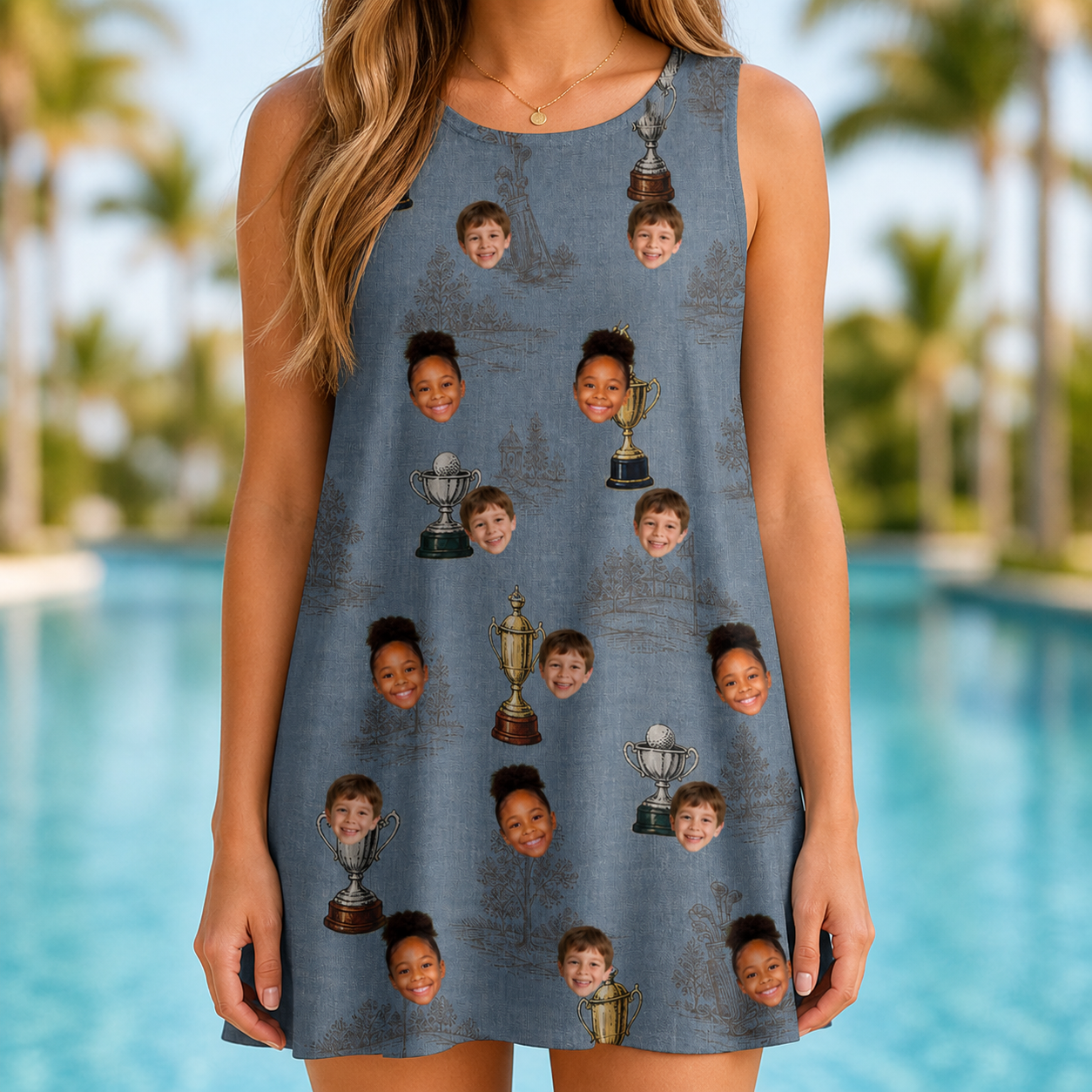 Model wearing Women's Ace Accolades Custom Face Tank Dress printed with kids' faces